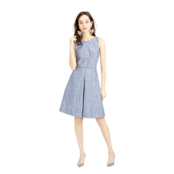 Ann Taylor LOFT Blue Chambray Linen Chevron Stripe Sleeveless Open Back Dress - Picture 1 of 12